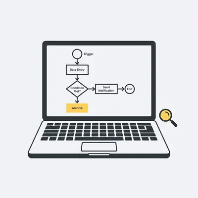 _ A small business owner reviewing an automation workflow on a laptop, with a simple flowchart visible on screen