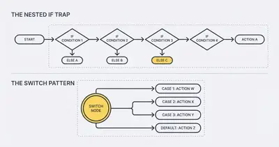 Diagram comparing linear nested IF automation vs clean Switch Node hub-and-spoke layout