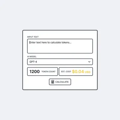 _ Screenshot of an example token calculator interface showing a text input field, a dropdown for AI model selection, a displayed token count, and an estimated cost in USD
