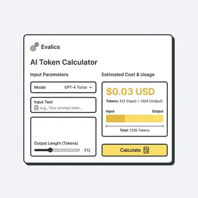 _ Screenshot of Evalics AI Token Calculator UI, showing input/output fields and estimated cost