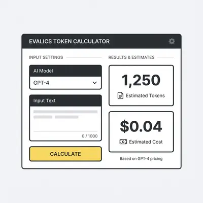 _ Screenshot des Evalics Token-Rechners mit Eingabefeldern und Ergebnissen, der geschätzte Token-Anzahlen und Kosten für ein ausgewähltes KI-Modell wie GPT-4 zeigt