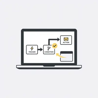 _ A small business owner reviewing an automation workflow on a laptop, with a simple flowchart visible on screen