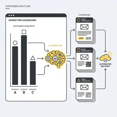_ A marketing dashboard showing customer segments with personalized email campaigns being automatically generated by an AI for each segment