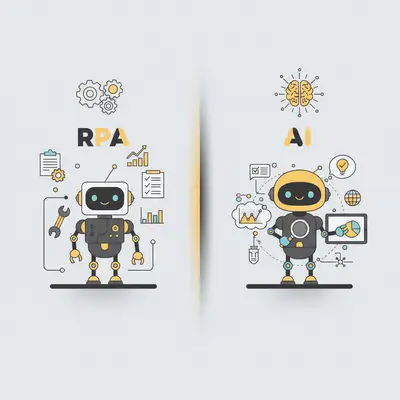 Side-by-side comparison diagram showing RPA (rule-based robot following exact instructions) vs AI automation (learning system making decisions) with visual examples — alt text: RPA vs AI automation comparison diagram