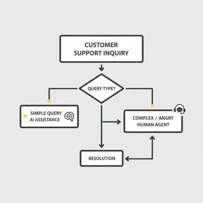 Hybrid support flowchart routing simple queries to AI and complex issues to humans