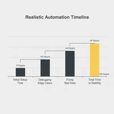 Waterfall chart showing that initial setup is only 30% of the total time required to build a stable automation.