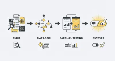 Automation migration process flowchart showing Audit, Map Logic, Parallel Testing, and Cutover phases