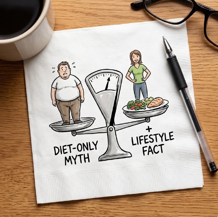 Napkin sketch of a balance scale: diet-only myth versus lifestyle fact